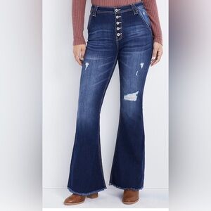 KanCan High Rise Button Fly Distressed Flare Jeans Dark Wash Sz 9/28